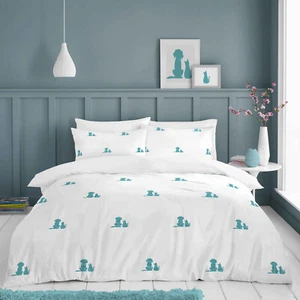 Furry Pals Embroidered Duvet Quilt Cover & Pillowcase White Teal Bed Cover Set - Picture 1 of 6