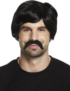 Pablo Escobar Style Black Wig & Moustache Short Mens 70's Gangster Fancy Dress - Picture 1 of 3