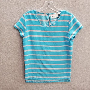 Kenar Women Top XS Blue Orange Striped Blouse Short Sleeve Keyhole Pullover - Picture 1 of 7
