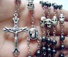 black Beads & silver skull catholic Rosary Prayer Necklace GIFT box crucifix