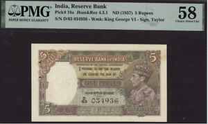 India Reserve Bank (1937) 5 Rupees Pick 18a Wmk: King George VI PMG 58 About UNC