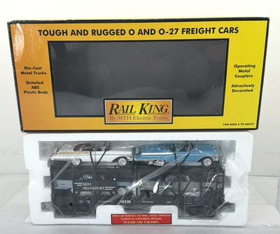 MTH RailKing 30-7676 Auto Carrier w 2 ‘57 Chryslers & 2 ‘57 Mercury New O O27 - Image 1 of 4