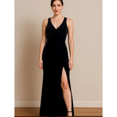 Vintage Cassandra Stone Black Velvet Rhinestone Gown V-Neck Formal Dress 6 - Image 1 of 4