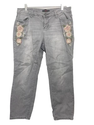 Earl Jean Gray 12 P Skinny Ankle Jeans Embroidered Flowers Stretch Denim - Image 1 of 4