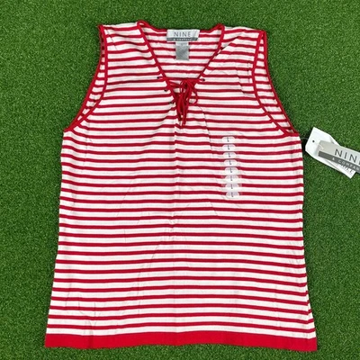 Camiseta sin mangas Nine & Company roja blanca a rayas con cordones cuello en V tejida talla L NUEVA Foto 1 de 4