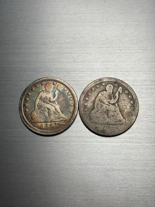 Lot of 2 Seated Liberty Silver Quarters -  1853, 1857 Toned Rainbow - Picture 1 of 2