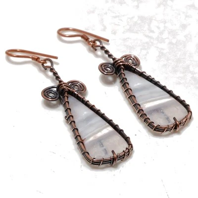 Blue Lace Agate Gemstone Handmade Wire Wrap Copper Jewelry Earrings 2.6" PG 86 - Image 1 of 4