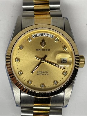 Sandoz Watch Swiss NOS ETA 2834-2 25J Automatic Two Tone Gold Skeleton Caseback - Image 1 of 4