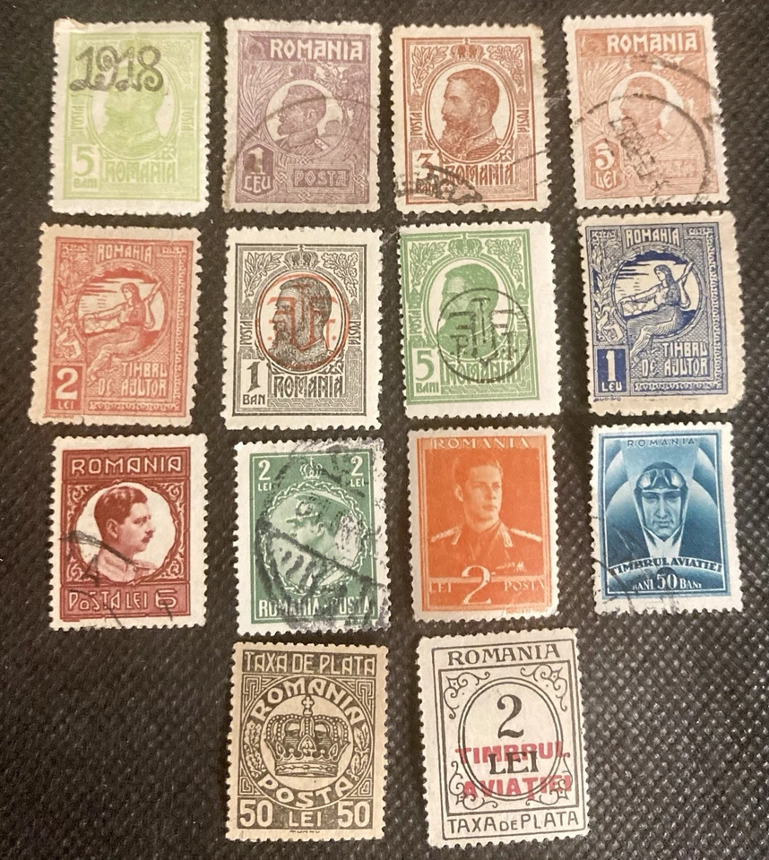 Lote de 14 estampillas de Rumania emisiones del Reino usadas y MH Foto 1 de 1