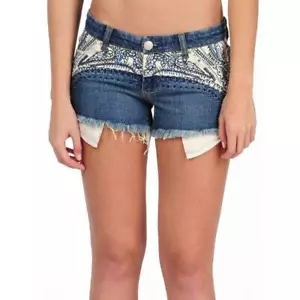 VINTAGE HAVANA NEU MIT ETIKETT NEU BESTICKT TRIBAL Destroyed blaue Jeansshorts 24 roher Saum - Bild 1 von 4