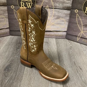 WOMEN'S WESTERN RODEO SQUARE TOE COWGIRL WITH FLOWERS ON SHAFT TAN AND BLACK 071 - Picture 1 of 10