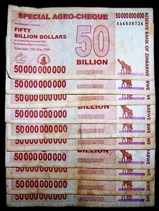 10 pcs x Zimbabwe 50 Billion Dollar agro cheque banknotes / Circulated - Picture 1 of 2