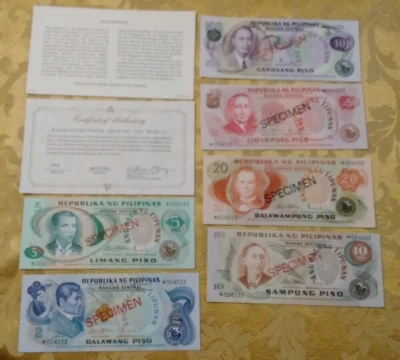 Philippines COMPLETE 6 SPECIMEN SET 1978 UNC 004033 CS1 P 159s-164s w/COA - Image 1 of 3