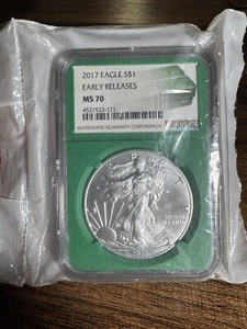 2017 American Silver Eagle MS-70 NGC (ER, Green Holder, Sealed APMEX Bag) - Picture 1 of 8
