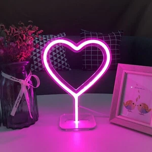 Neon Sign Lamp Pink Love Heart USB LED Night Light Bedroom Party Room Decor Gift - Picture 1 of 7