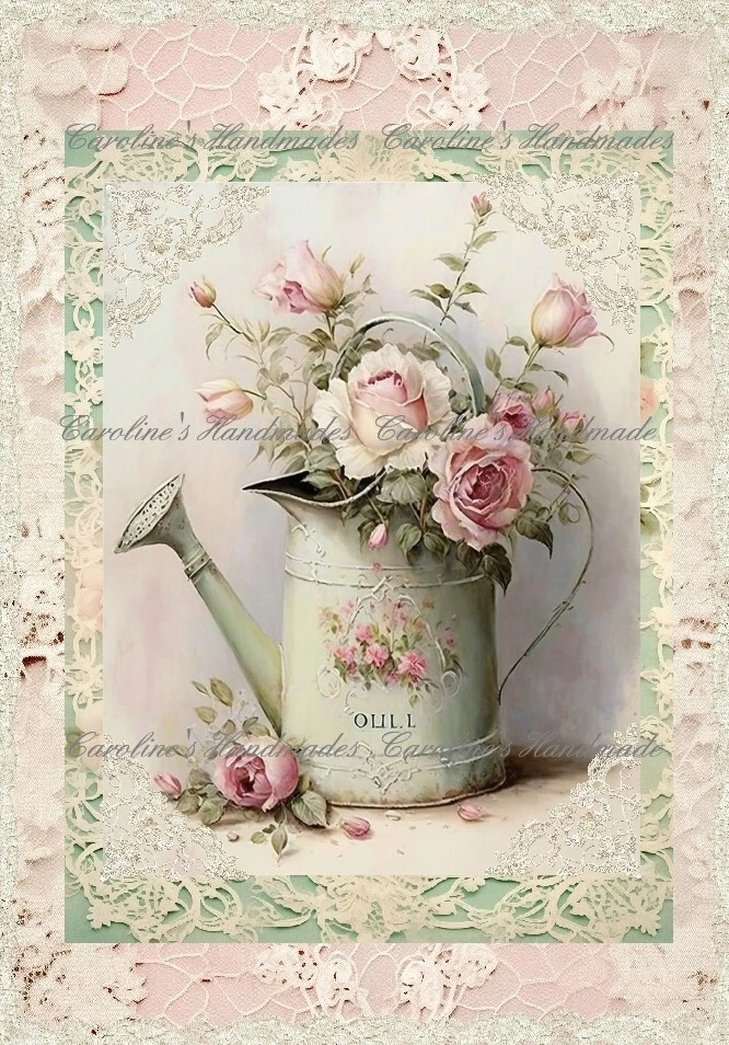 Vintage Shabby Chic Watering Can & Roses Cotton Fabric Quilt Block Multi-size - Image 1 of 1