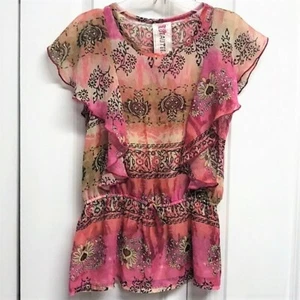 Beautees mehrfarbig Blumendruck transparent Rüschen Kurzarm Tunika Top Jr Größe M - Bild 1 von 5