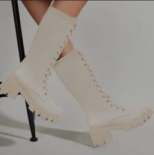TINSTREE Women's Knee High Platform Zip-Up Mid-Calf Boots (Cream,9.5)