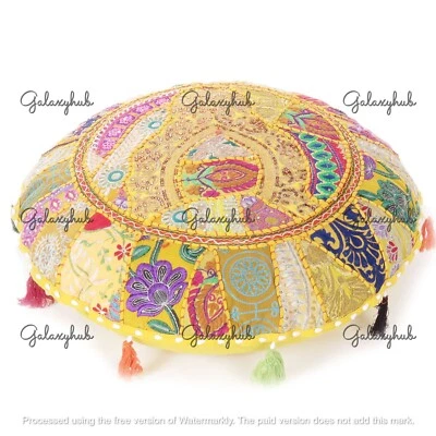 16X16 In Indian Handmade Cotton Pillow Cover Yellow Bohemian Floor Cushion Cover - Image 1 of 4