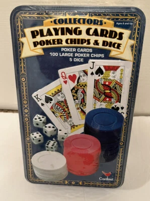 Collectors Playing Cards 100 Large Poker Chips & 5 Dice game in a Tin box Sealed - Image 1 of 2