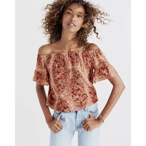 Camicetta Madewell in seta con spalle scoperte acquerello paisley e maniche a volant - Foto 1 di 6