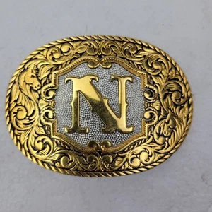Letter~N~ Belt Buckle By Award Design Norman Ok. Gold & SILVER PLATED Western - Picture 1 of 5
