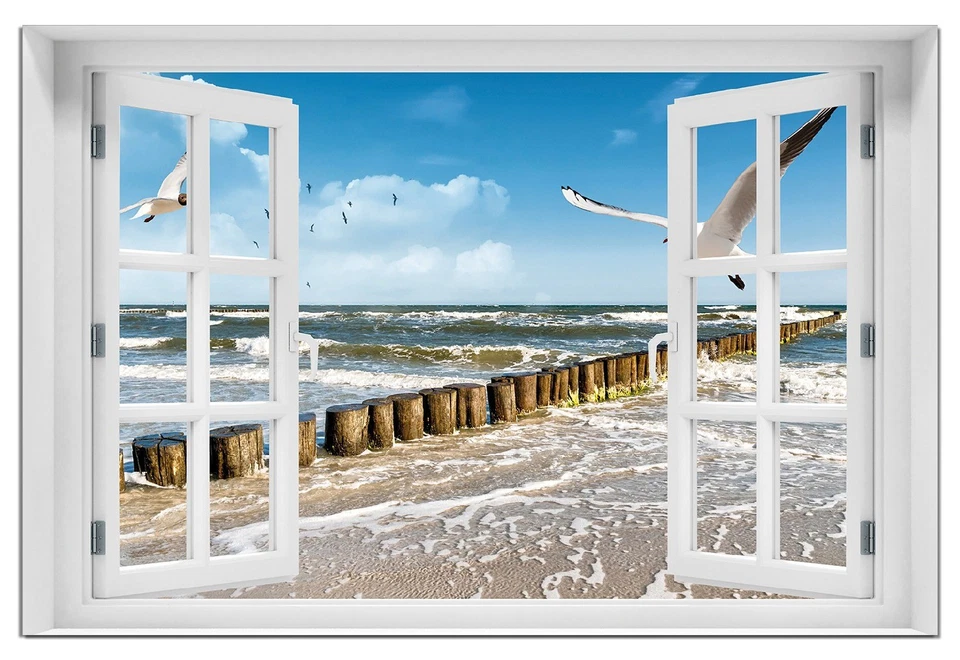 Wallario wasserfestes Poster mit Fenster-Illusion Fliegende Möwe Strand fliegend - Bild 1 von 1