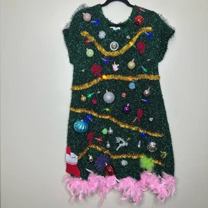 Ugly Christmas Pullover Kleid Weihnachtsbaum LEUCHTET Lametta Xmas Party Sieger - Bild 1 von 5