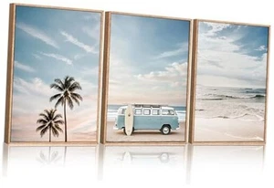 Grande set arte da parete in tela con cornice spiaggia oceano, decorazione da parete autobus e palme, - Foto 1 di 7