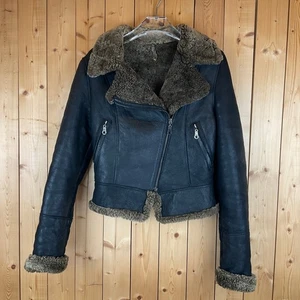 Chaqueta de motociclista recortada con cremallera completa de cuero para mujer Bod & Christensen, negra - talla 4 - Imagen 1 de 9