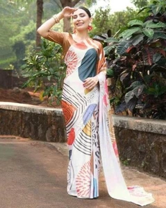 Printed Saree Blouse For Women, Satin Silk Saree, Soft Silk Saree, Digital Print - Picture 1 of 2
