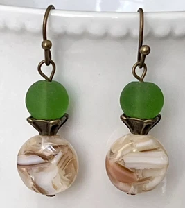 Bronze, Green Beach Glass and Mother of Pearl Earrings. - Picture 1 of 3