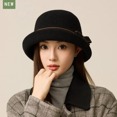 Women Wool Felt Hat Bow Cloche Bucket Cap Warm Windproof Autumn Winter - Image 1 of 4