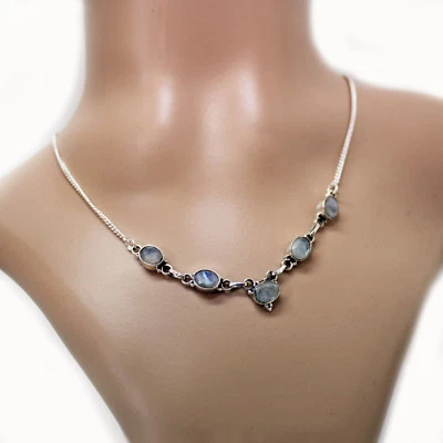 Pietra di Luna Argento Collana 925 Collier 40cm Catena 5 Cutstone Preziose - Immagine 1 di 4
