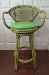 Green Bamboo Rattan Swivel Barstool Bentwood Boho Beach Coastal Bamboo Tiki  - Picture 1 of 10