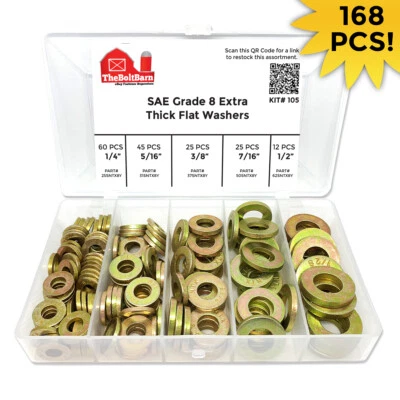 THE BOLT BARN Grade 8 SAE Extra Thick Heavy Duty Flat Washer Assortment Kit #105 - 168 Pieces!