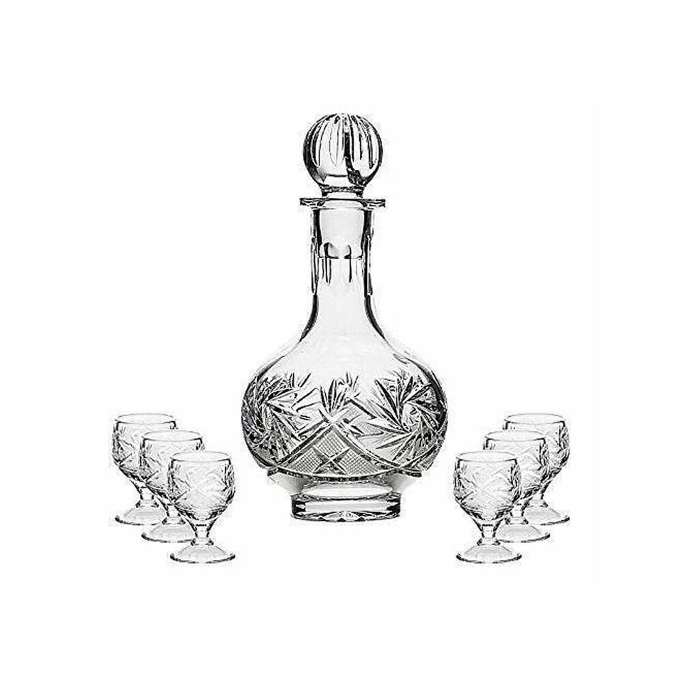 Russian Cut Crystal Glass Decanter & Set of 6 Vodka Shot Glasses USSR Glassware - Image 1 of 4