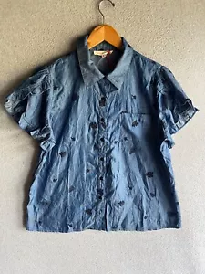 Solitaire Anthropologie Blouse Womens Medium Blue Embroidered Flutter Boho NEW - Picture 1 of 10