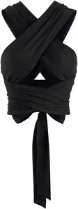 ZAFUL Womens Ribbed Halter Crop Top Ruched Lace-up Cropped Cami Black One Size - Picture 1 of 3