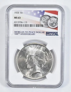 1925 MS63 MS 63 Peace Silver Dollar NGC Flag 2021 100th Ann Label - Picture 1 of 5
