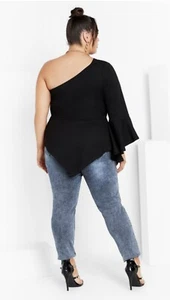 City Chic Audrey One Shoulder Top Plus Size M (18) Bell Sleeve Stretch Black - Picture 1 of 11