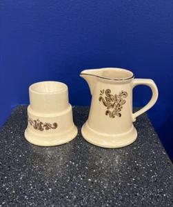 Set of 2 Vtg Pfaltzgraff Village 5" Ceramic Creamer Beige 10oz +4" Candle Holder - Picture 1 of 6