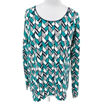 Blusa Top Kim Rogers Turquesa Estampado Geométrico Manga Larga Elastizada XXL Foto 1 de 4