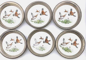 Revere Zinn Untersetzer mit Keramik Intarsien Perlen Ränder Vögel 6er Set Vintage - Bild 1 von 14