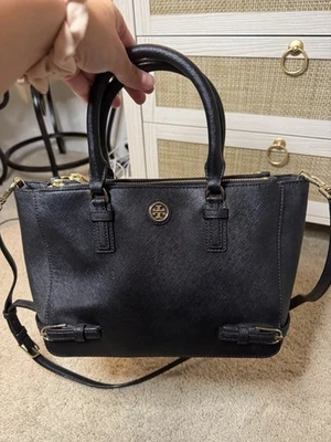 Tory Burch Robinson Double Zip Tote Bag Black Saffiano Leather Gold Trim Purse - Image 1 of 4