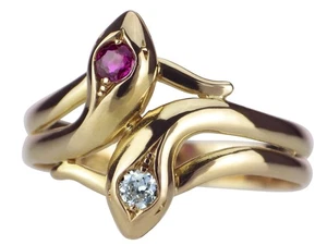 Jugendstil 585 Gold Schlange 0,06 ct Diamant 0,11 Rubin Damen Snake Ring! - Bild 1 von 7