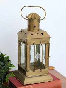 Vintage Brass-Finish Lantern with Etched Glass Panels - Picture 1 of 4