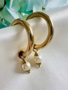 9ct Gold Large Hoop Peal Drop Earrings - Picture 1 of 6