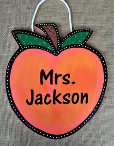 Personalize PEACH Teacher SIGN School Class Classroom Wall Door Plaque Hanger - Picture 1 of 1