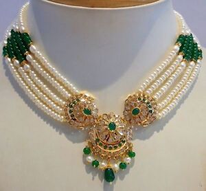 22K GOLD REAL EMERALD PEARL RUBY PENDANT EARRING SET ANTIQUE STYLE BOLLYWOOD SET